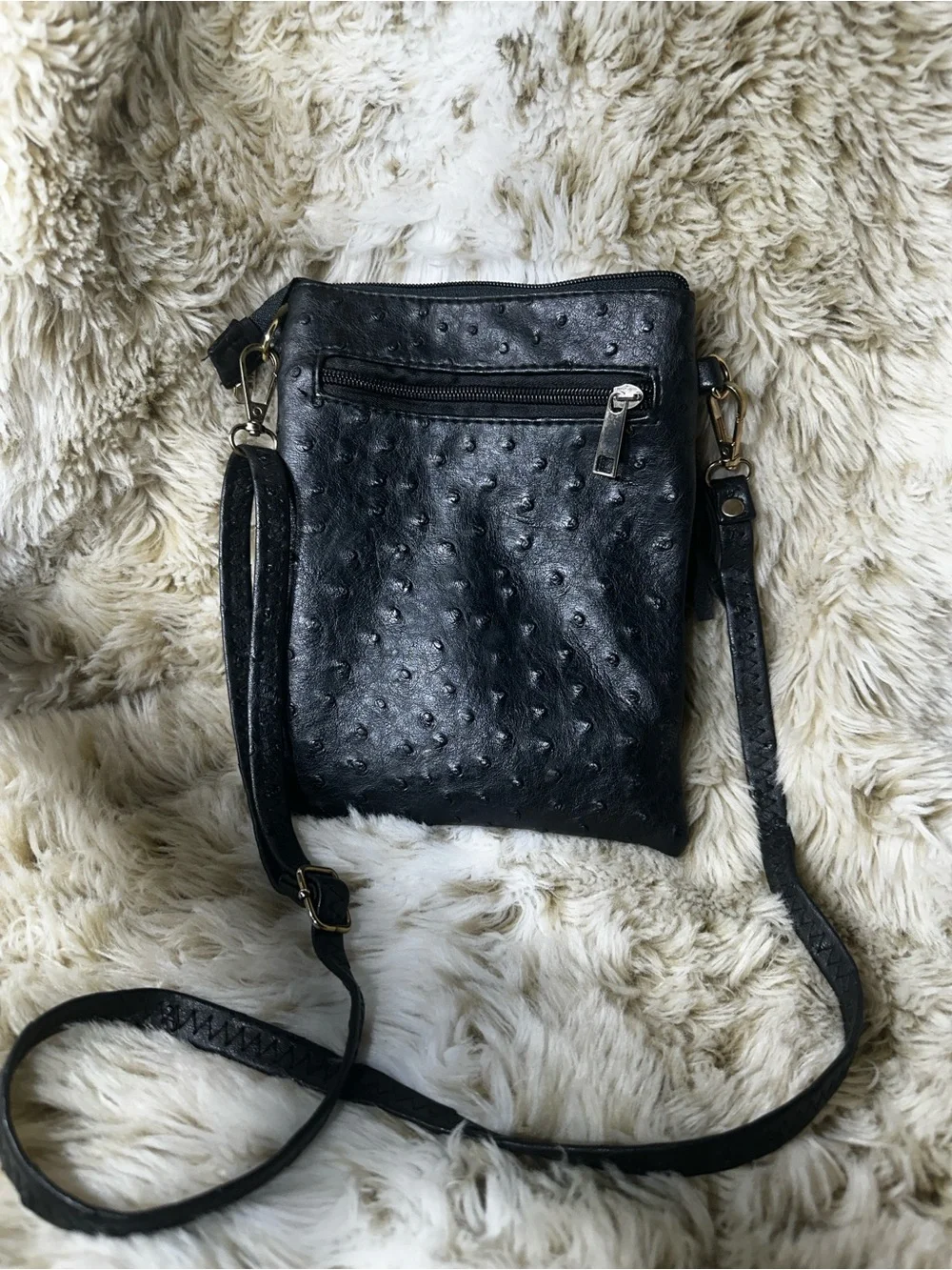 Faux Ostrich Crossbody Bag Black Fringe Travel Purse Gold Medallion Small